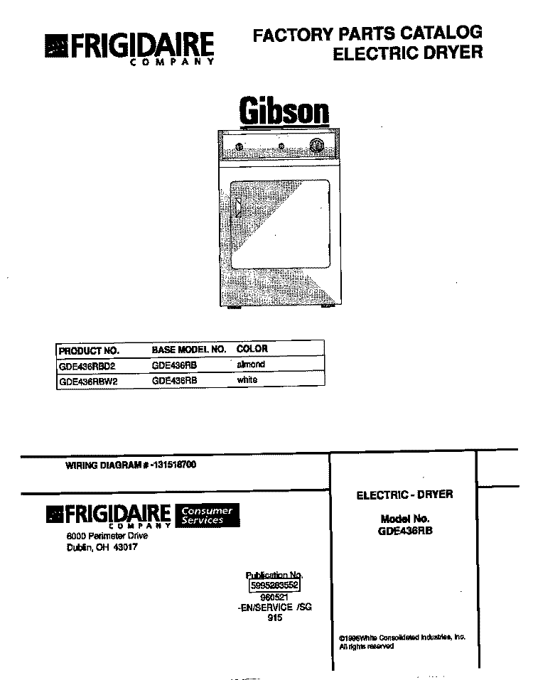 COVER Diagram and Parts List for GDE436RBD2  Gibson Dryer