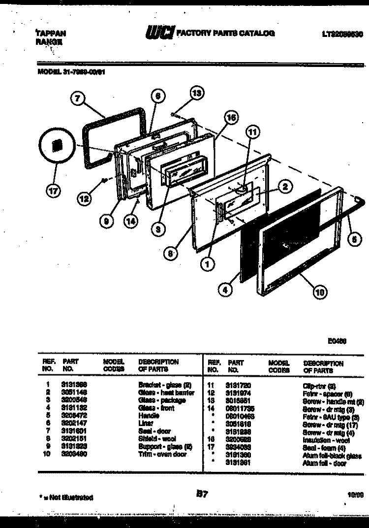 DOOR PARTS Diagram and Parts List for 31-7969-00-01  Tappan Range