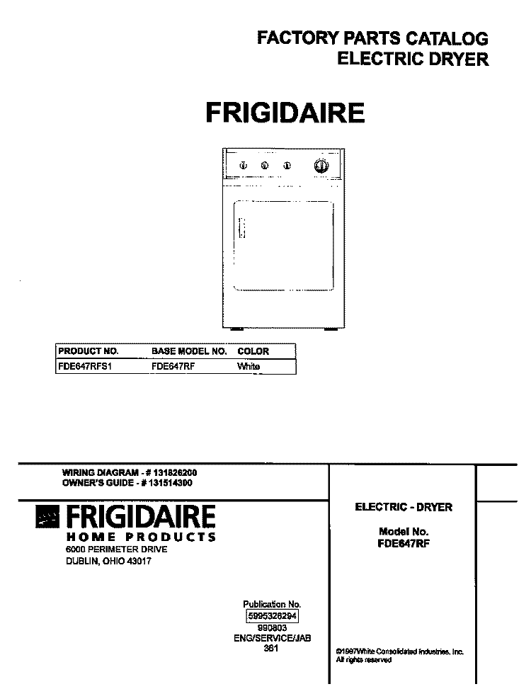 COVER Diagram and Parts List for FDE647RFS1  Frigidaire Dryer
