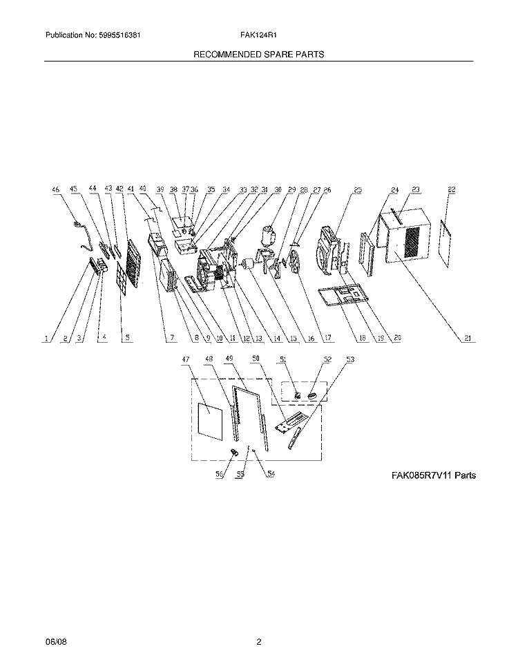 RECOMMENDED SPARE PARTS Diagram and Parts List for FAK124R1V11  Frigidaire Air Conditioner