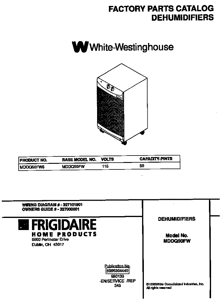 COVER Diagram and Parts List for MDDQ50FW6  Frigidaire Dehumidifier