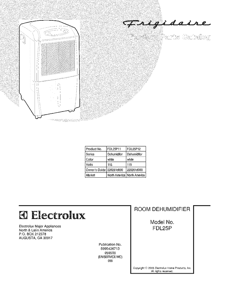 COVER Diagram and Parts List for FDL25P12  Frigidaire Dehumidifier