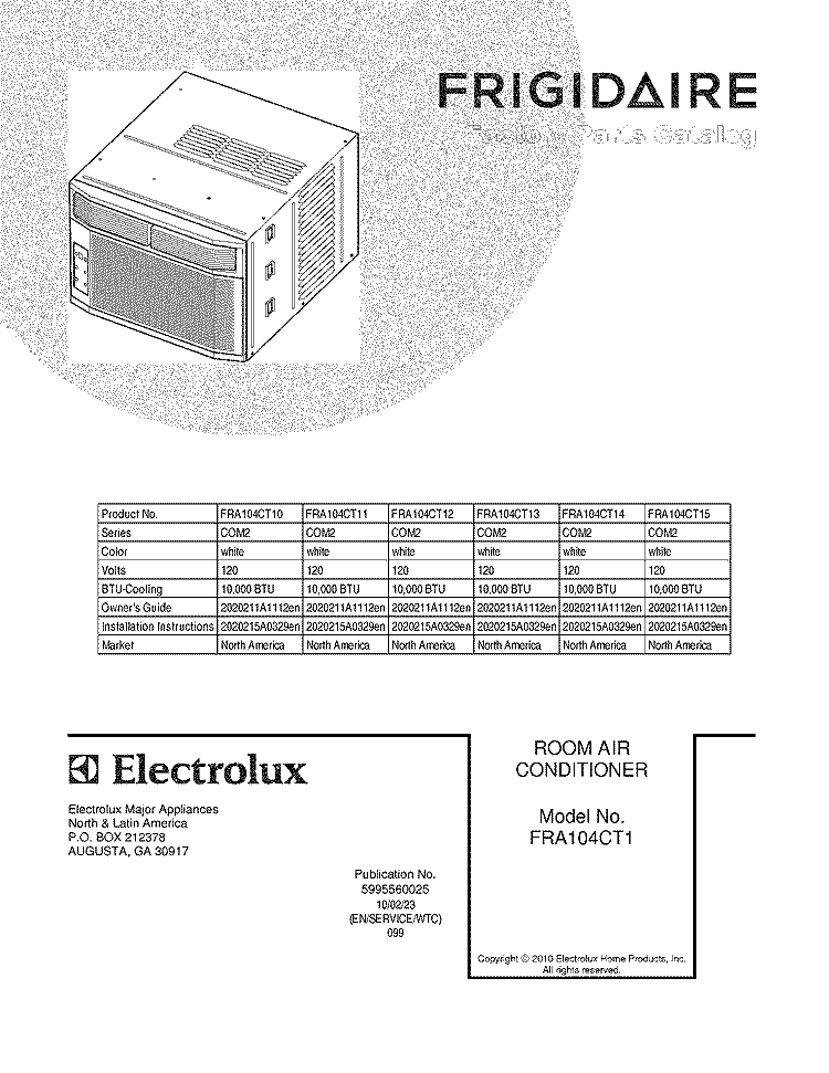 COVER Diagram and Parts List for FRA104CT12  Frigidaire Air Conditioner