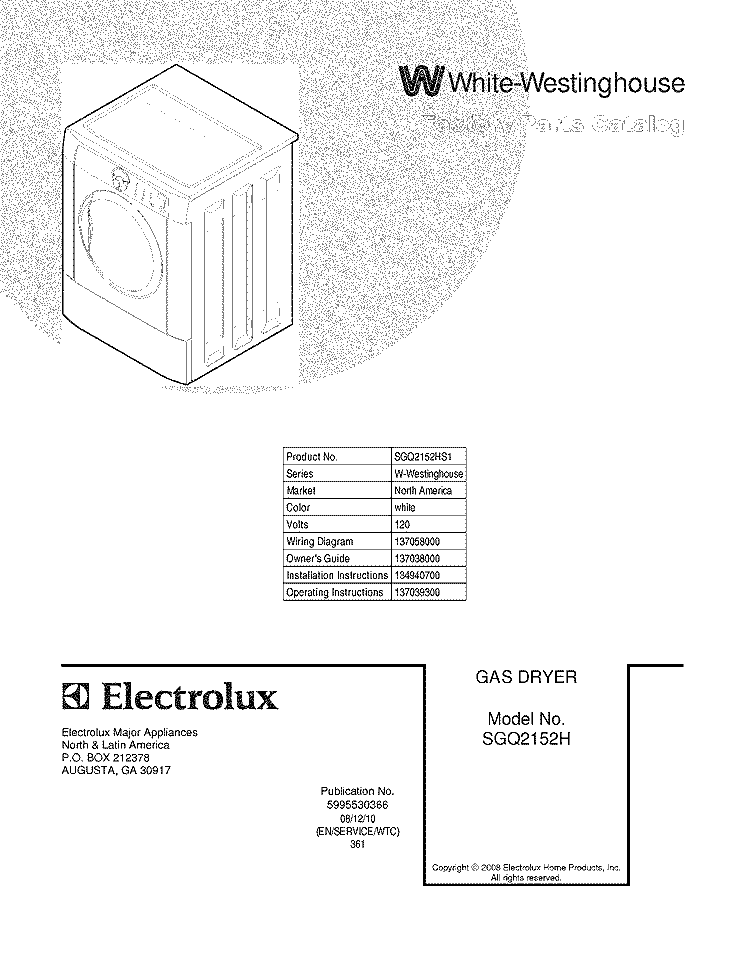 COVER Diagram and Parts List for SGQ2152HS1  Westinghouse Dryer