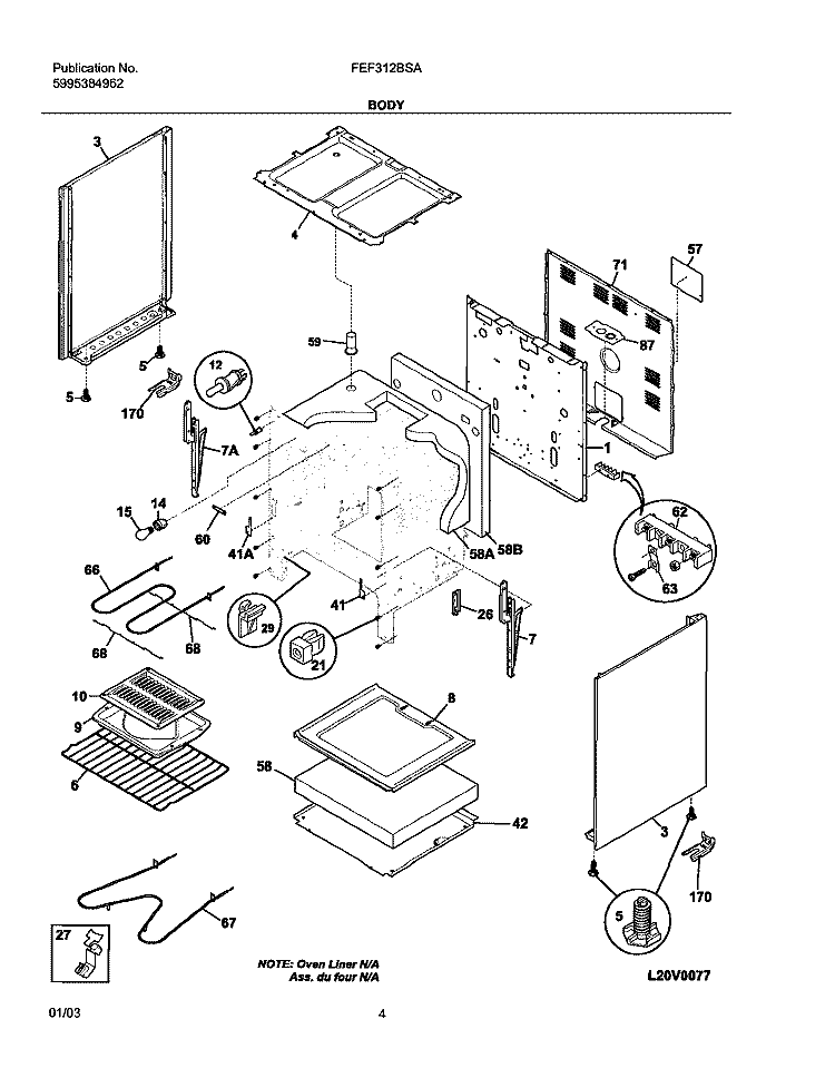BODY Diagram and Parts List for FEF312BSA  Frigidaire Range