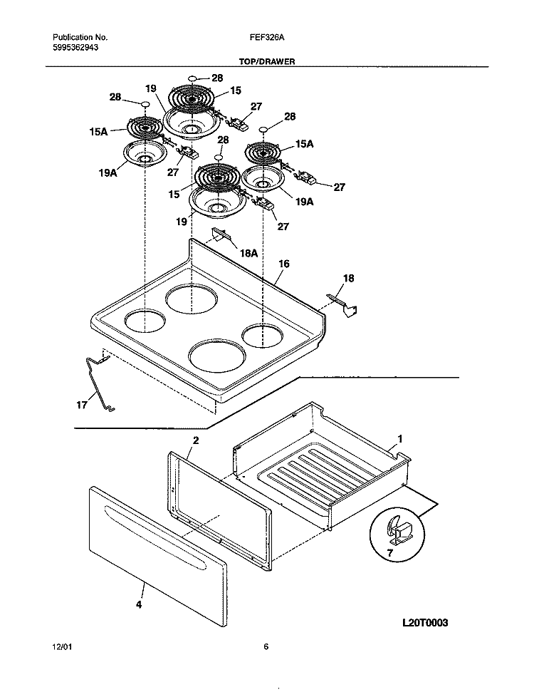 TOP / DRAWER Diagram and Parts List for FEF326ABA  Frigidaire Range
