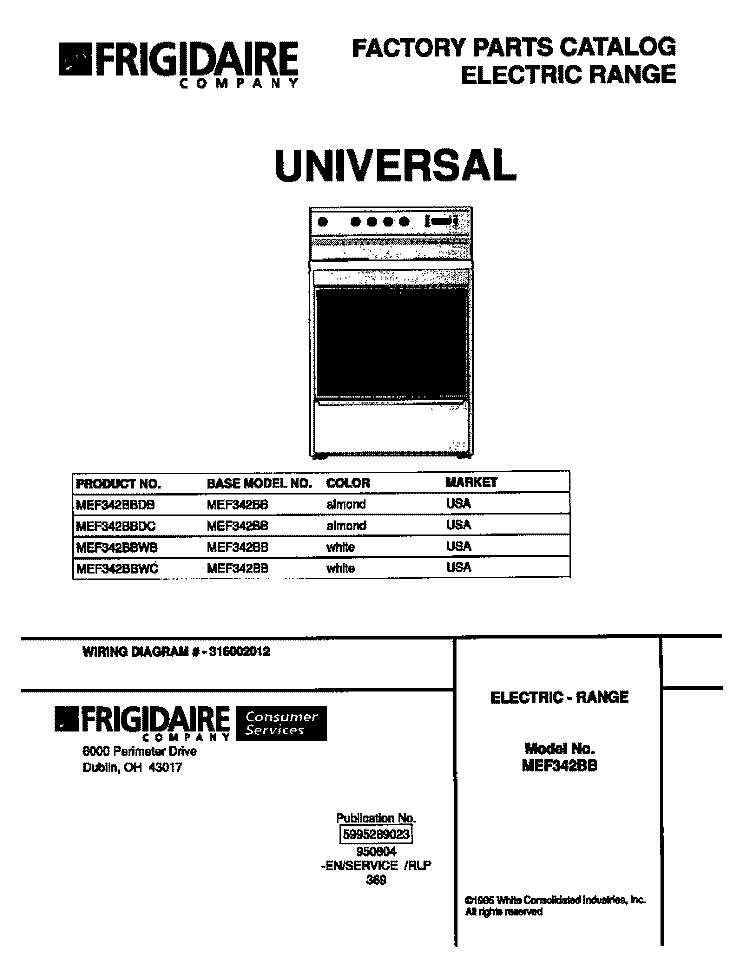 COVER Diagram and Parts List for MEF342BBWC  Frigidaire Range