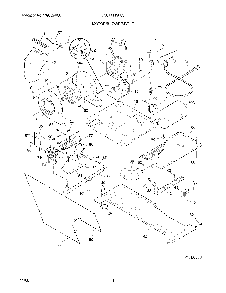 MOTOR/BLOWER/BELT Diagram and Parts List for GLGT1142FS3  Frigidaire Washer Dryer Combo