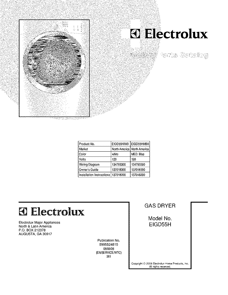 COVER Diagram and Parts List for EIGD55HIW0  Electrolux Dryer
