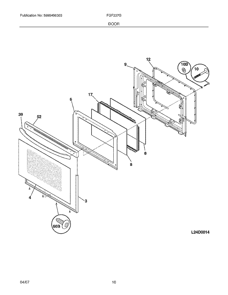 DOOR Diagram and Parts List for FGF337GSA  Frigidaire Range
