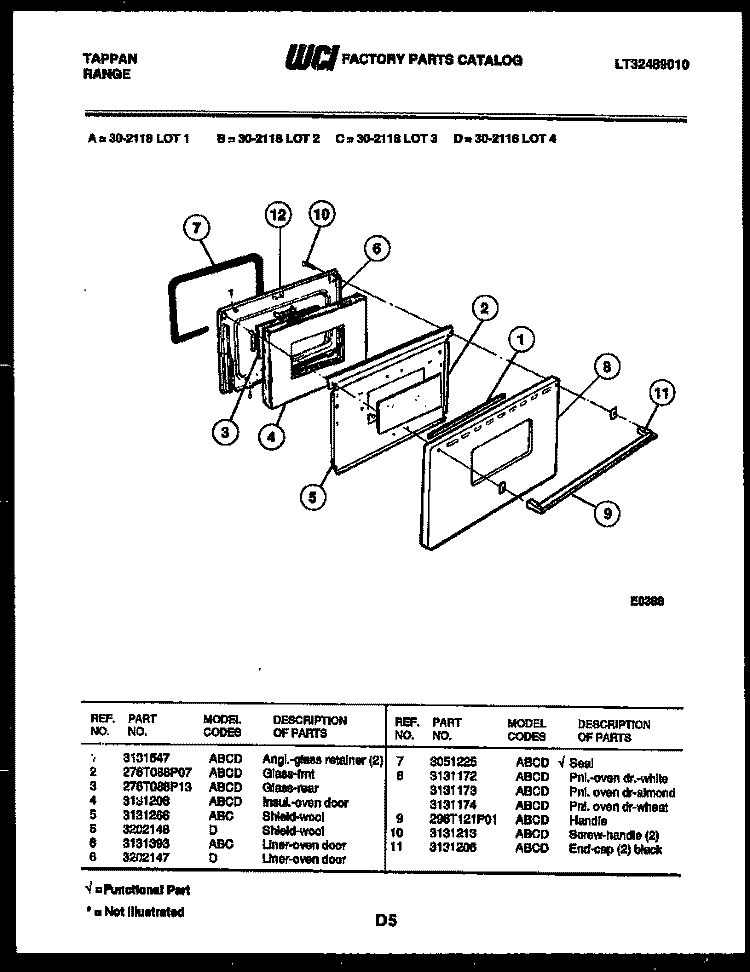 DOOR PARTS Diagram and Parts List for 30-2118-00-02  Tappan Range