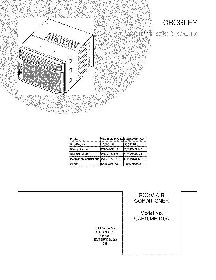 COVER Diagram and Parts List for CAE10MR410A10  Crosley Air Conditioner