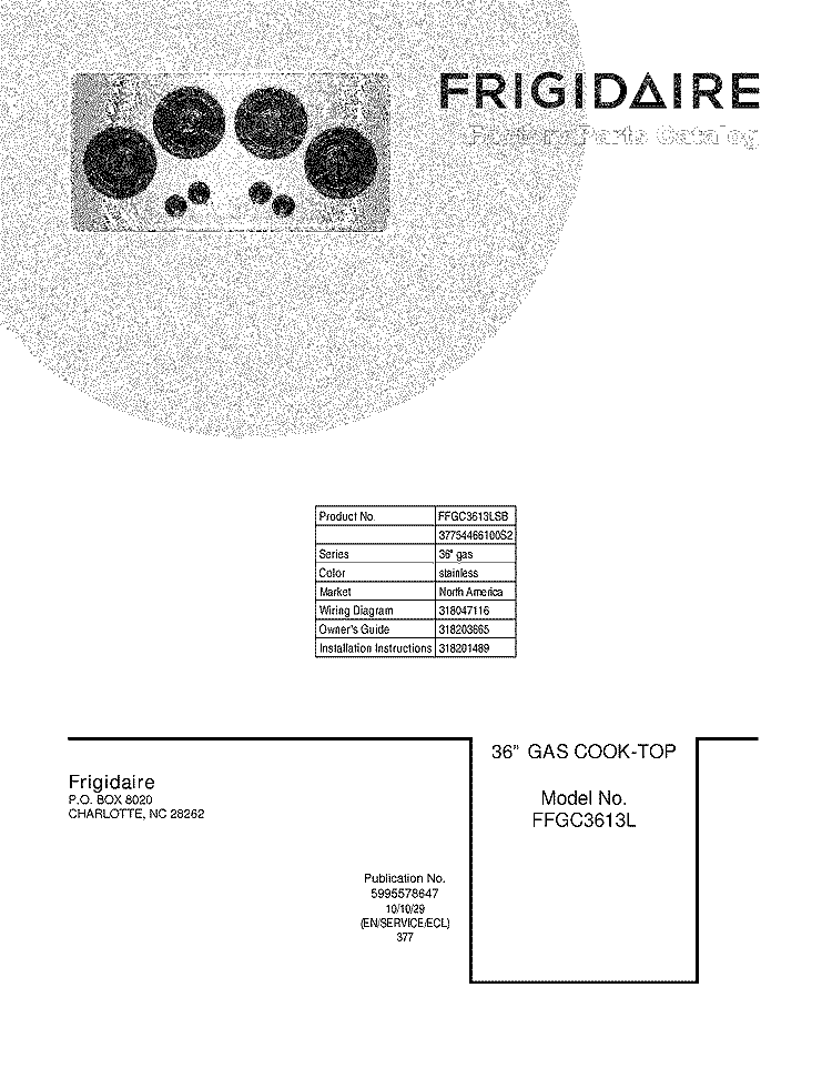 COVER Diagram and Parts List for FFGC3613LSB  Frigidaire Cooktop