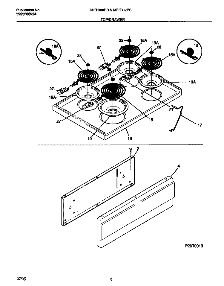 TOP / DRAWER Diagram and Parts List for MEF300PBDE  Frigidaire Range