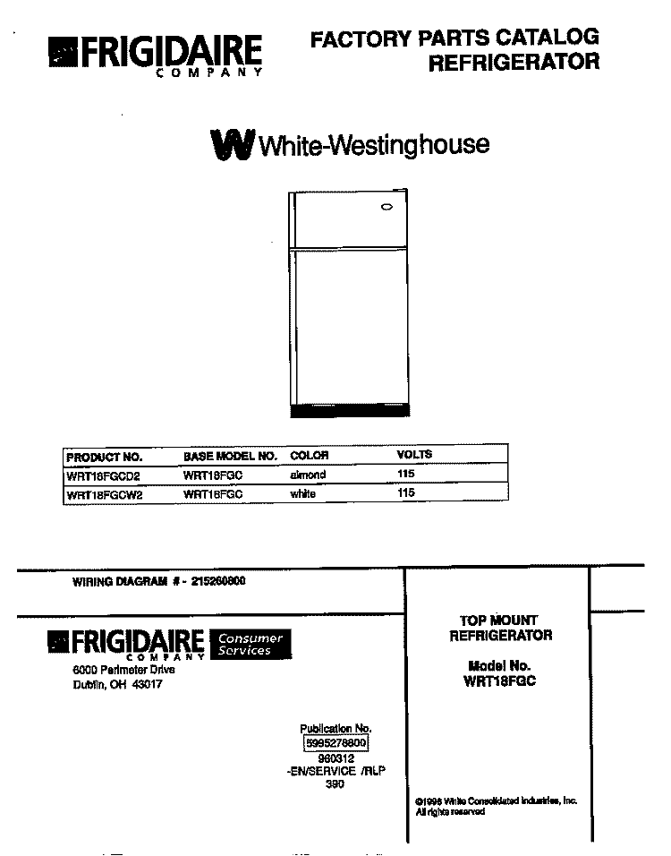 COVER Diagram and Parts List for WRT18FGCW2  Frigidaire Refrigerator