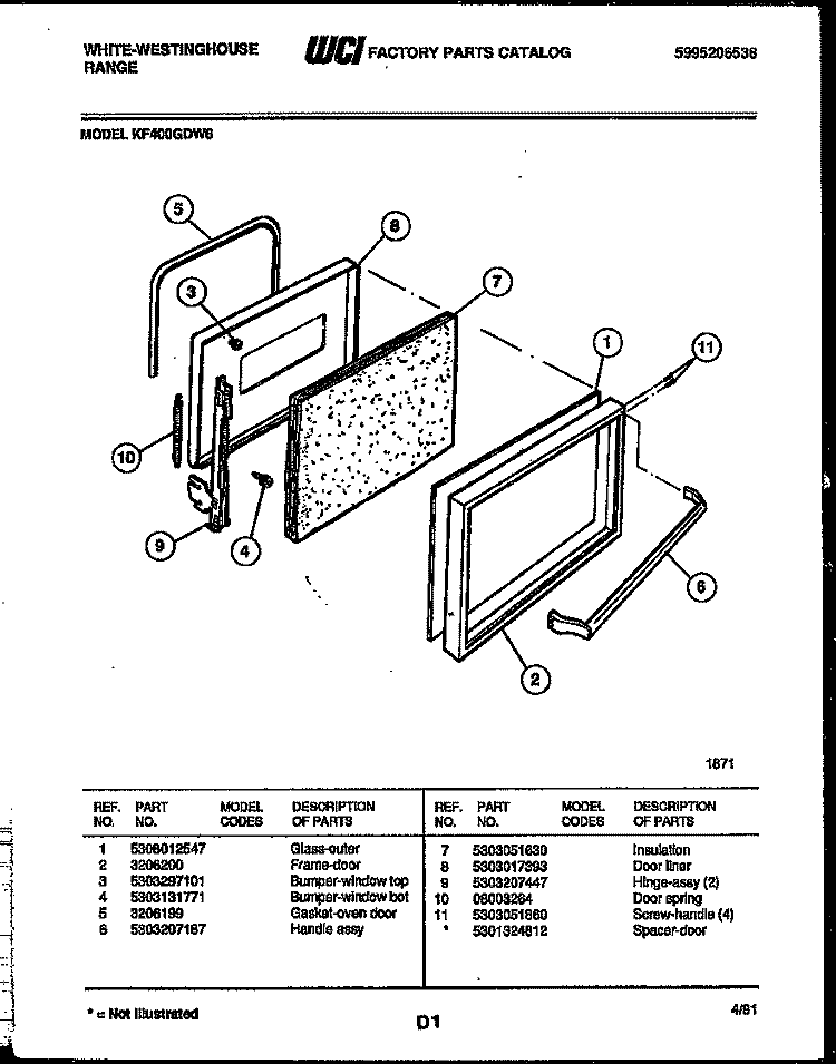DOOR PARTS Diagram and Parts List for KF400GDD6  Frigidaire Range