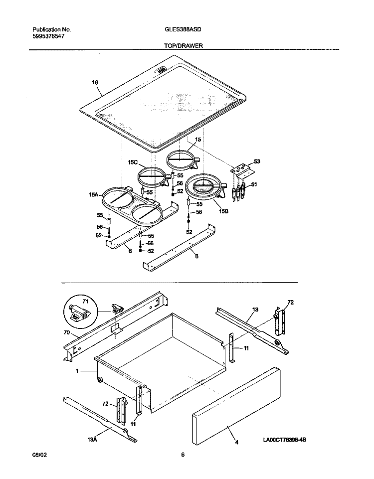 TOP / DRAWER Diagram and Parts List for GLES388ASD  Frigidaire Range