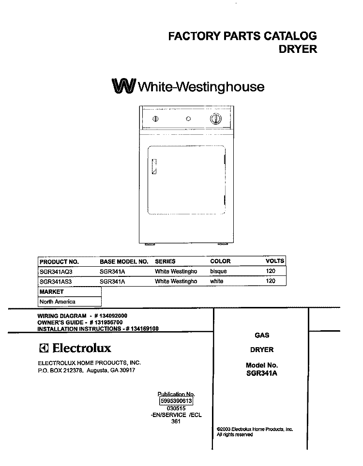 COVER Diagram and Parts List for SGR341AQ3  Westinghouse Dryer