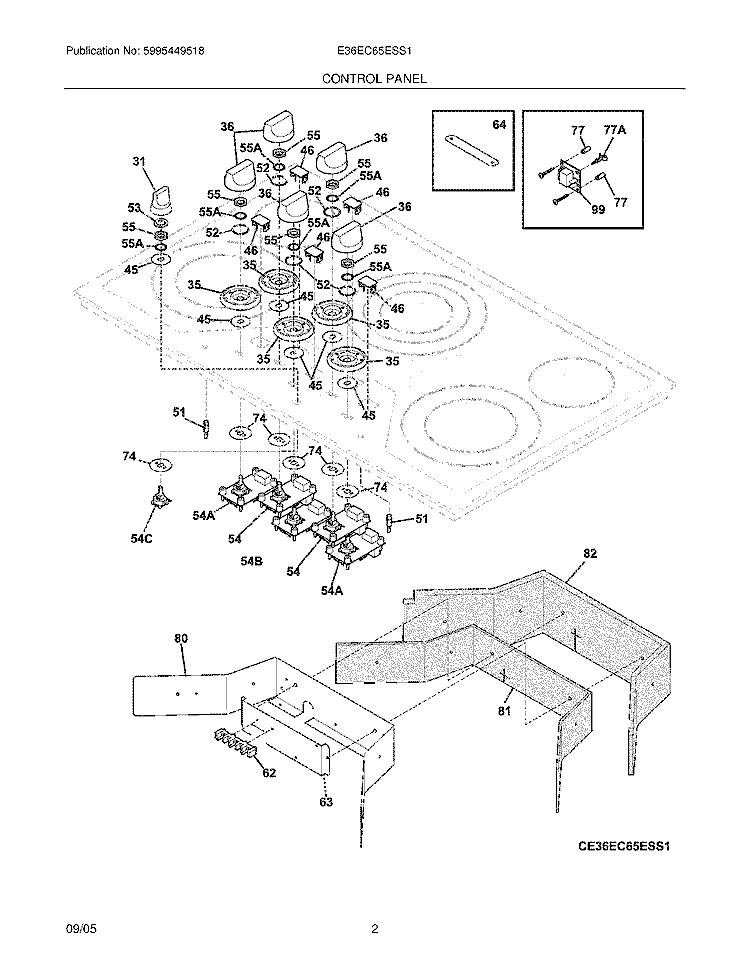 CONTROLS Diagram and Parts List for E36EC65ESS1  Electrolux Cooktop