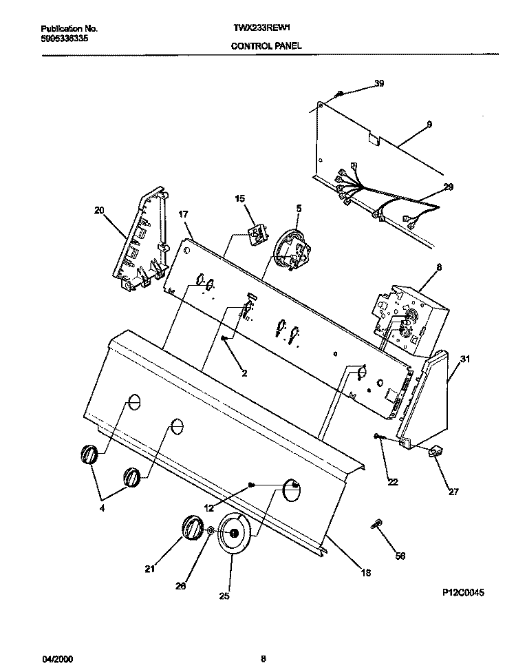 P12C0045 CONTROL PANEL Diagram and Parts List for TWX233REW1  Frigidaire Washer