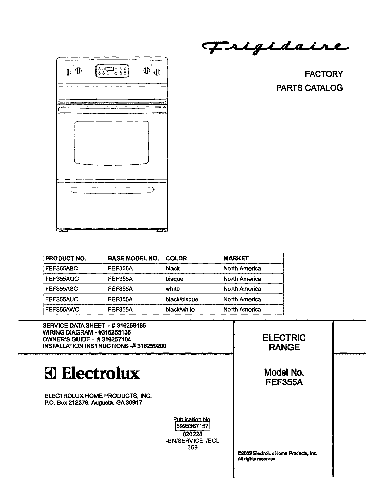 COVER Diagram and Parts List for FEF355AWC  Frigidaire Range