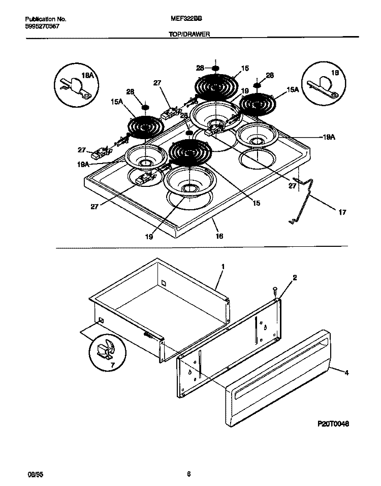 TOP / DRAWER Diagram and Parts List for MEF322BBWD  Frigidaire Range