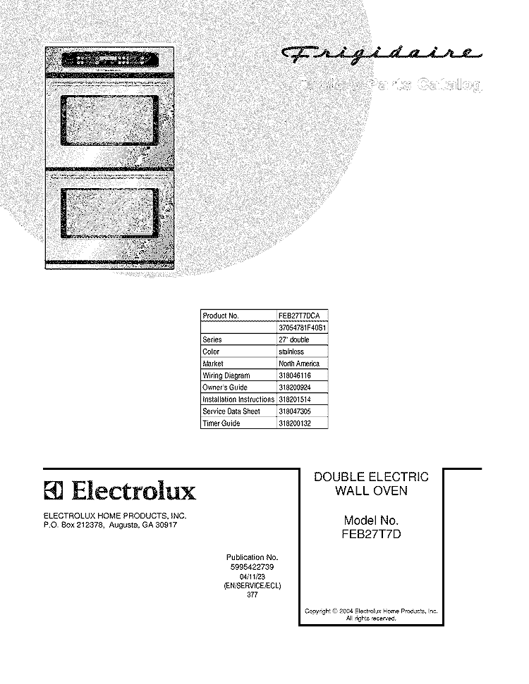 COVER Diagram and Parts List for FEB27T7DCA  Frigidaire Wall Oven