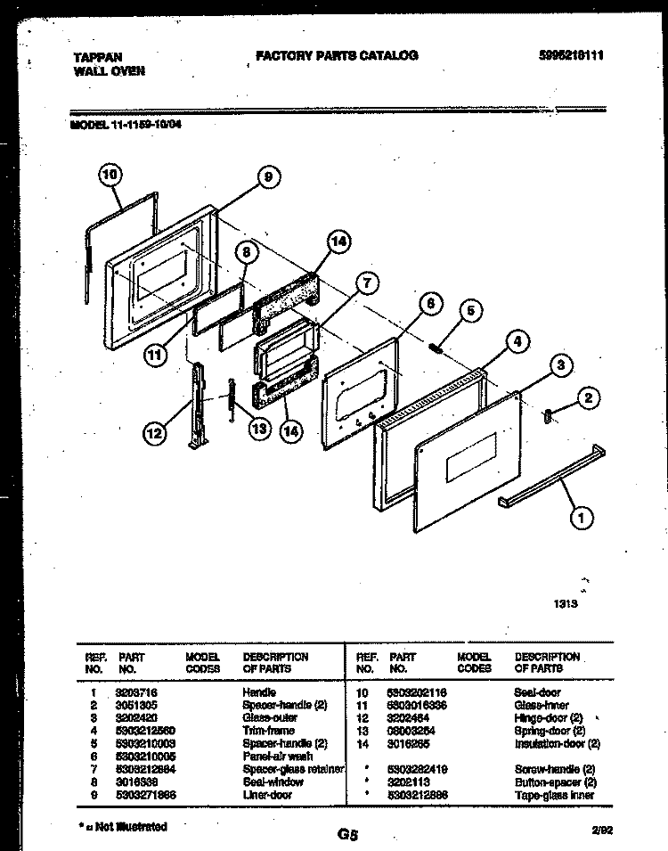 DOOR PARTS Diagram and Parts List for 11-1159-00-04  Tappan Wall Oven