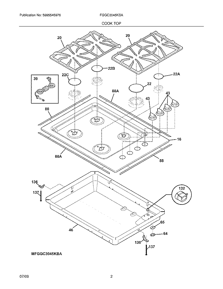 MAINTOP Diagram and Parts List for FGGC3045KSA  Frigidaire Cooktop