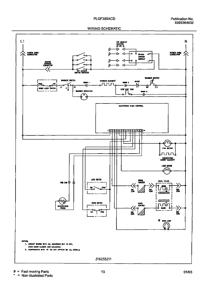 WIRING SCHEMATIC Diagram and Parts List for PLGF389ACD  Frigidaire Range