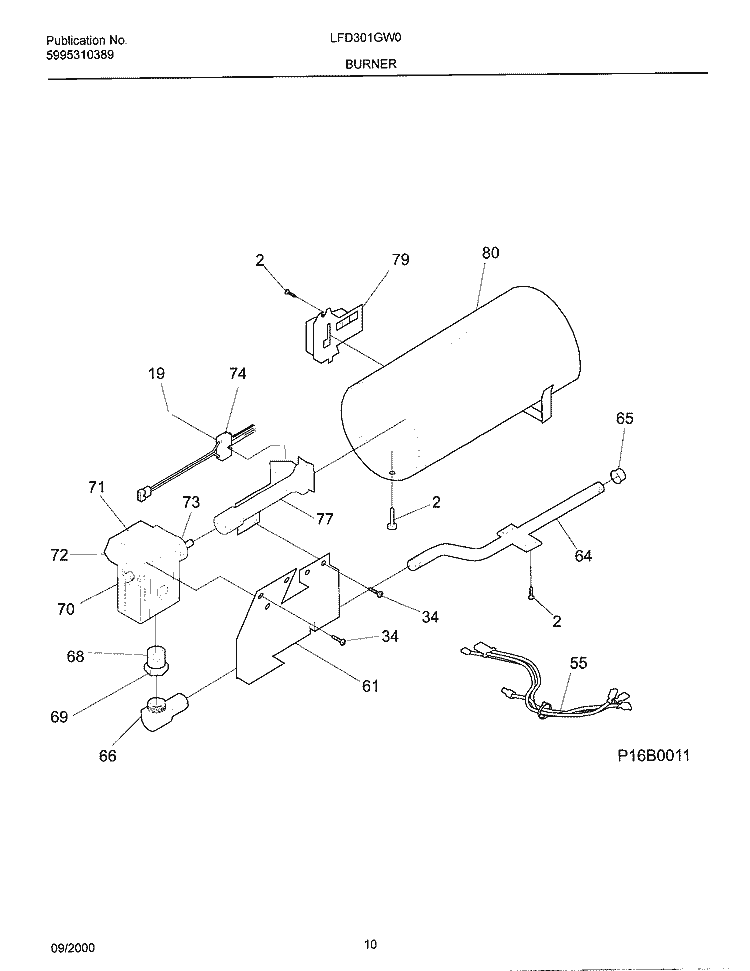 BURNER Diagram and Parts List for LFD301GW0  Frigidaire Dryer
