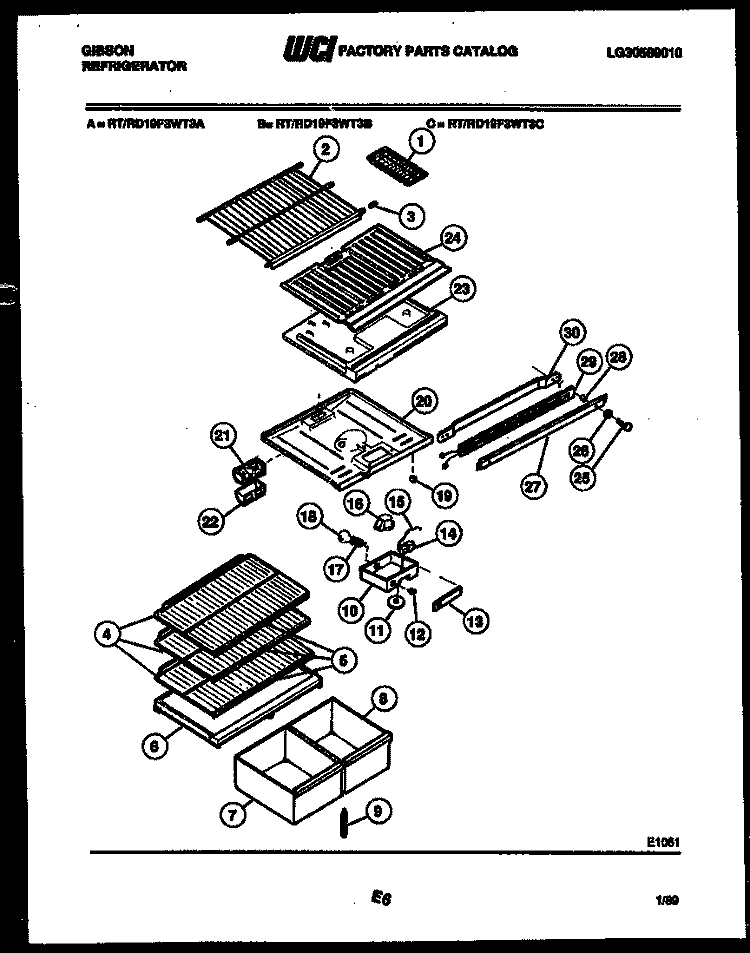 SHELVES AND SUPPORTS Diagram and Parts List for RD19F3WT3C  Gibson Refrigerator