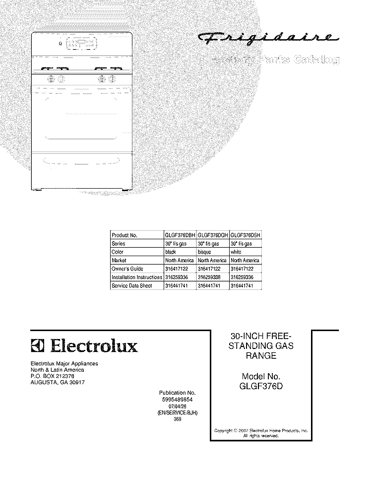COVER Diagram and Parts List for GLGF376DQH  Frigidaire Range