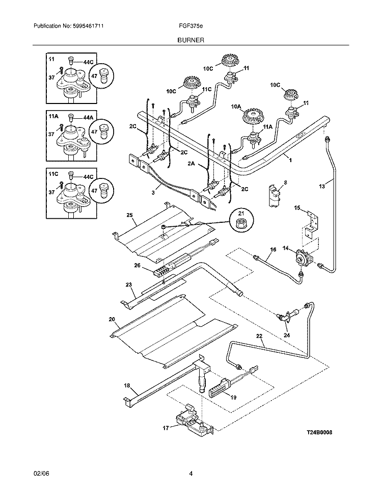 BURNER Diagram and Parts List for FGF375ESC  Frigidaire Range