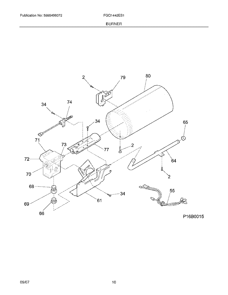 BURNER Diagram and Parts List for FGQ1442ES1  Frigidaire Dryer