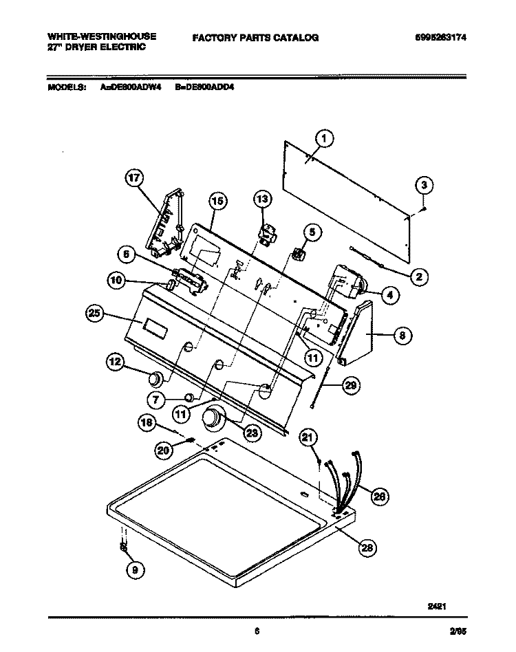 CONSOLE, CONTROLS, TOP PANEL Diagram and Parts List for DE800ADD4  Frigidaire Dryer