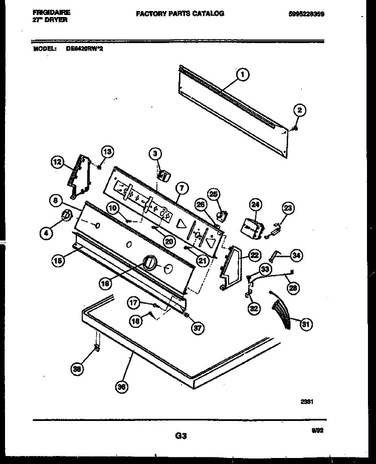 CONSOLE AND CONTROL PARTS Diagram and Parts List for DE6420RW2  Frigidaire Dryer
