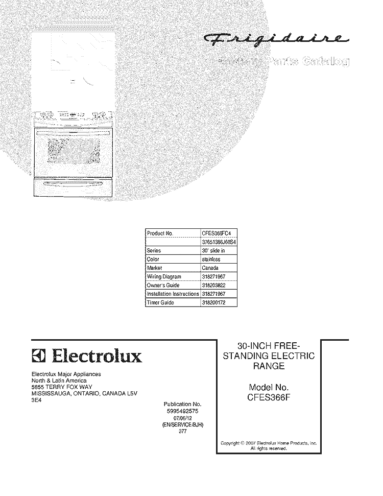 COVER Diagram and Parts List for CFES366FC4  Frigidaire Range