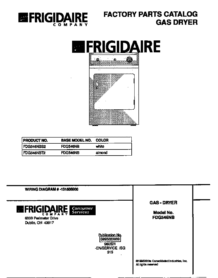 COVER Diagram and Parts List for FDG546NBS2  Frigidaire Dryer