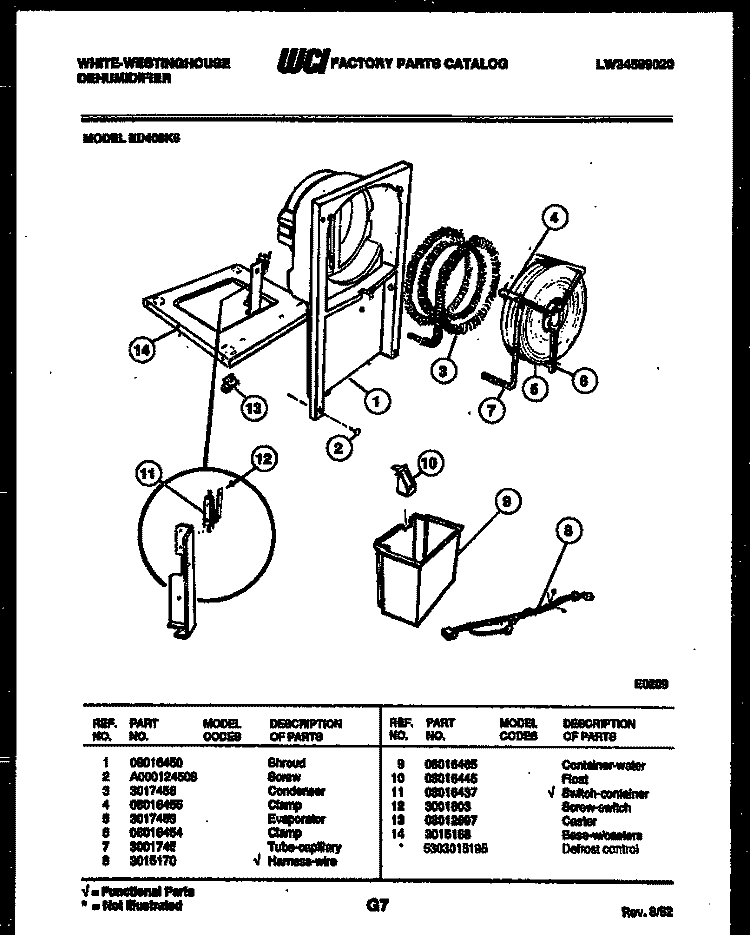 WATER AND CONDENSING PARTS Diagram and Parts List for ED408K6  Frigidaire Dehumidifier
