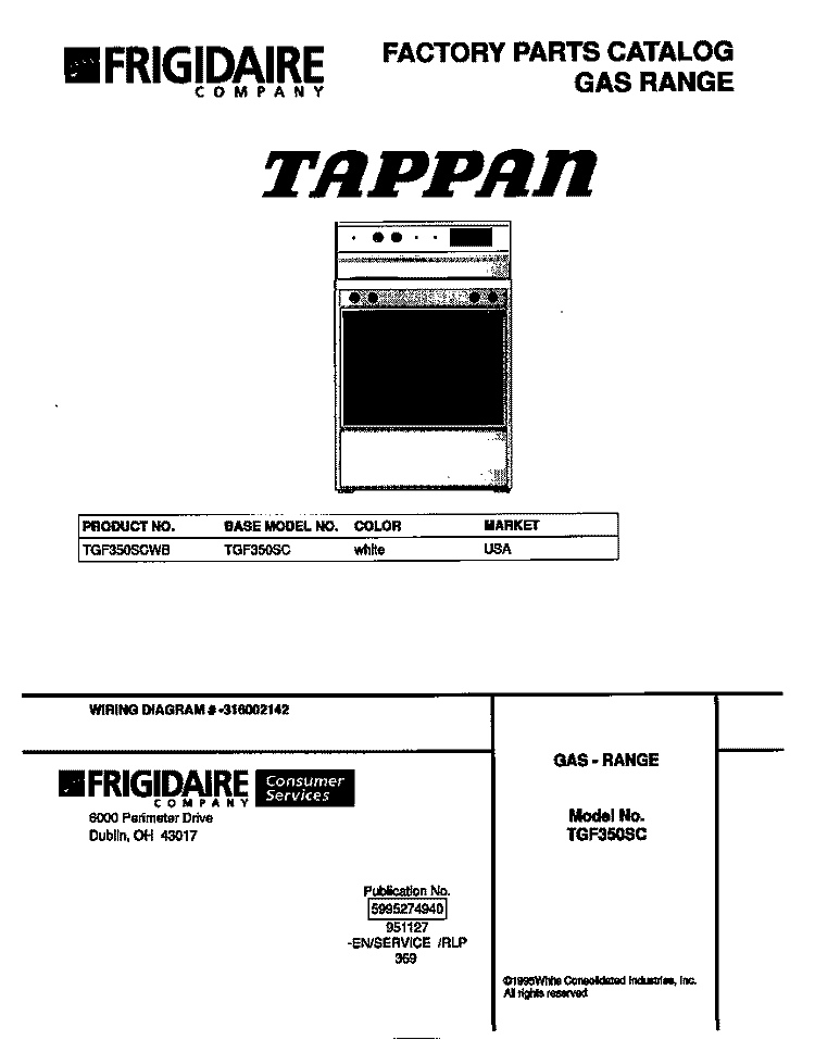COVER Diagram and Parts List for TGF350SCWB  Tappan Range