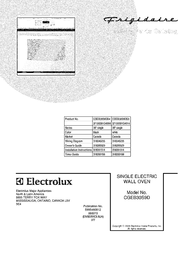 COVER Diagram and Parts List for CGEB30S9DS3  Frigidaire Wall Oven