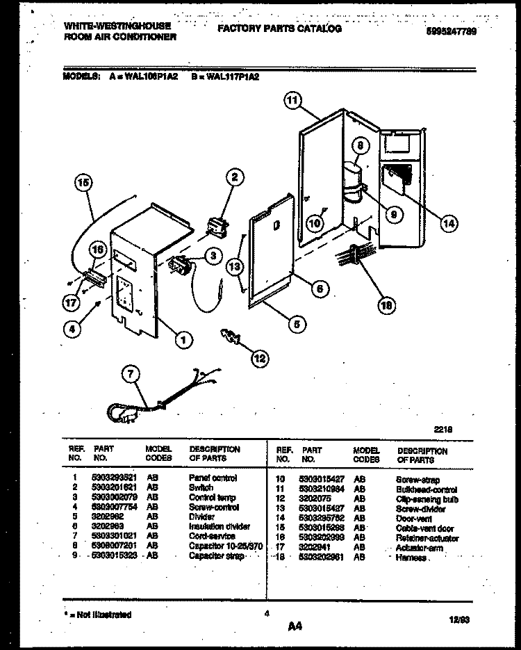 ELECTRICAL PARTS Diagram and Parts List for WAL117P1A2  Frigidaire Air Conditioner