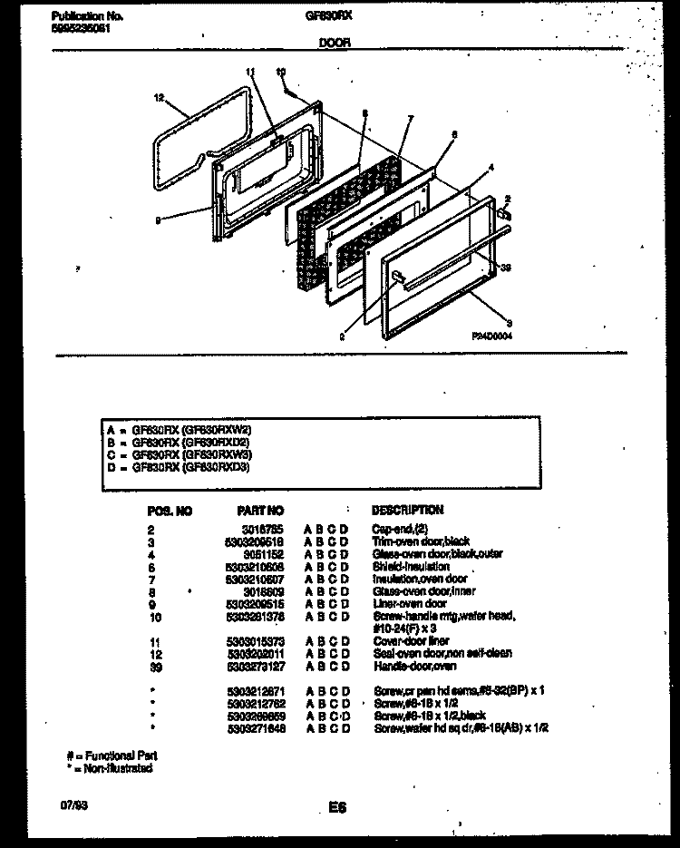DOOR PARTS Diagram and Parts List for GF630RXW2  Frigidaire Range