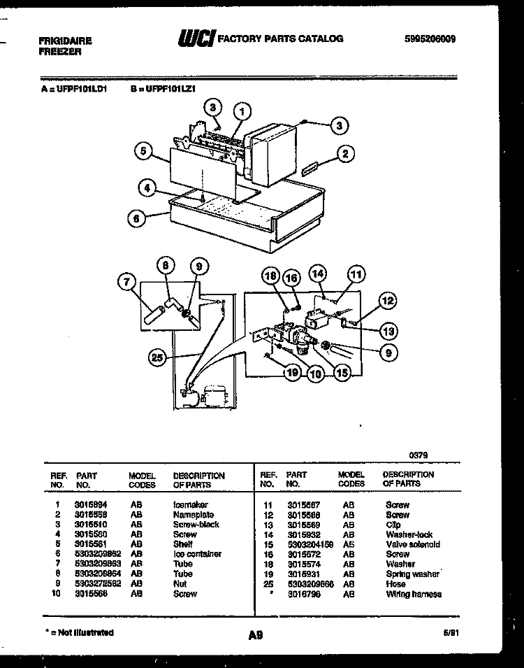 ICE MAKER PARTS Diagram and Parts List for UFPF101LD1  Frigidaire Freezer
