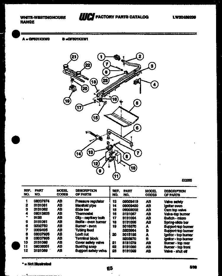 BURNER, MANIFOLD AND GAS CONTROL Diagram and Parts List for GF501KXD0  Frigidaire Range