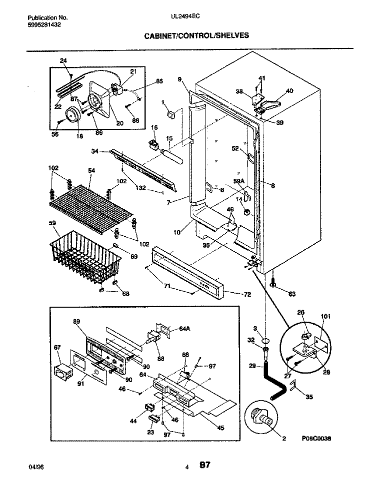 CABINET / CONTROL / SHELVES Diagram and Parts List for UL2494ECW7  Frigidaire Freezer