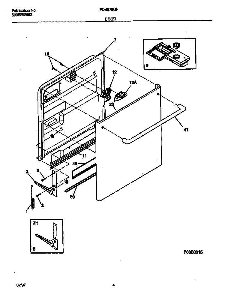 DOOR Diagram and Parts List for FDB679GFW0  Frigidaire Dishwasher