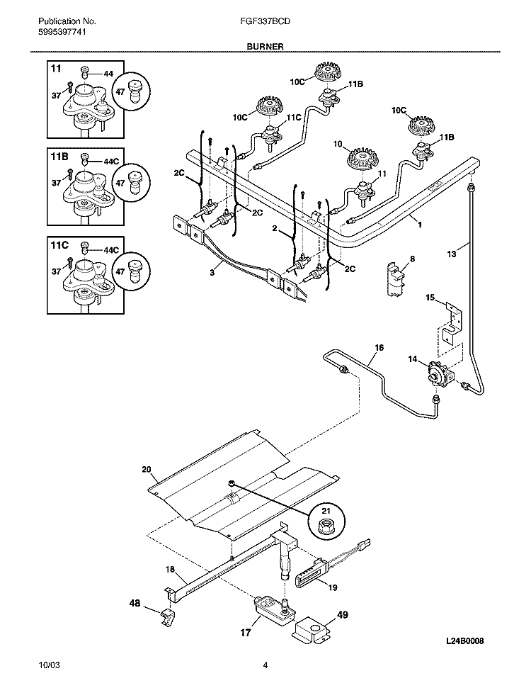 BURNER Diagram and Parts List for FGF337BCD  Frigidaire Range