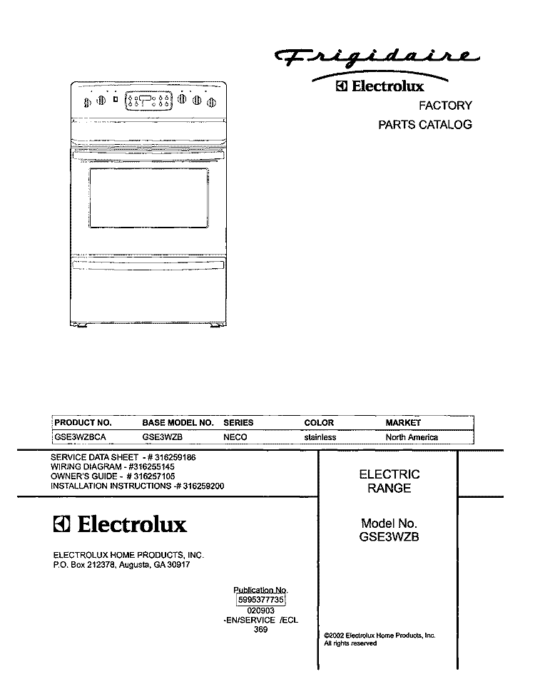 COVER Diagram and Parts List for GSE3WZBCA  Frigidaire Range